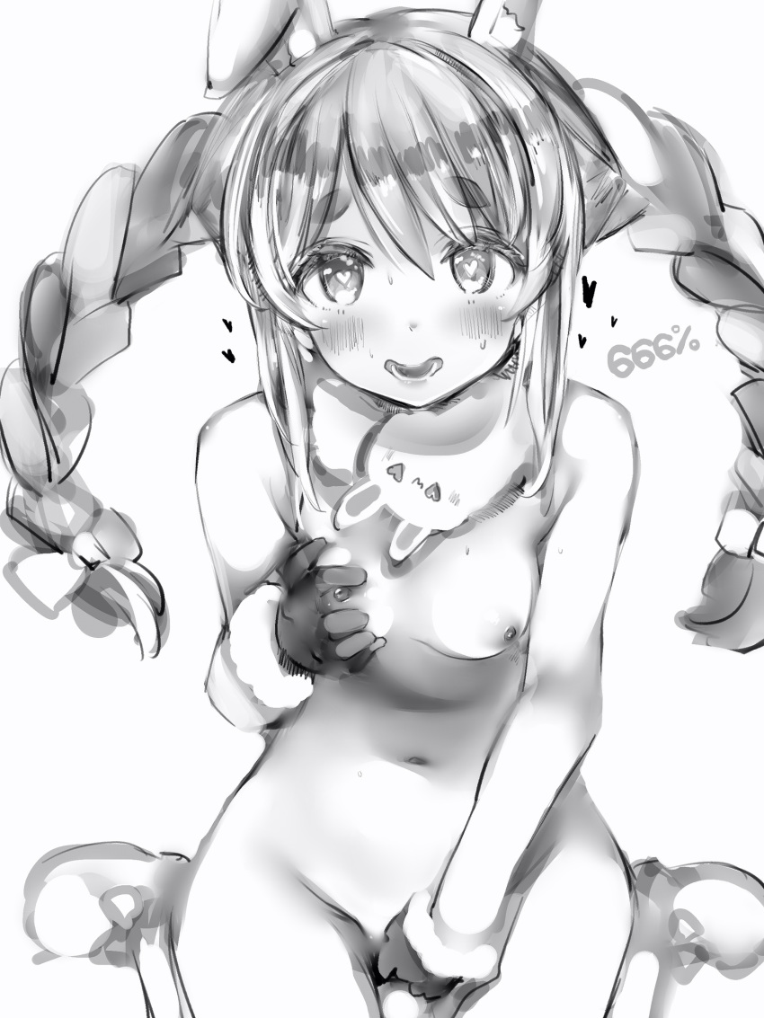 666 animal_ears animal_pelt blush braid breasts bunny_ears female fur-trimmed_gloves fur_trim gloves greyscale highres hololive hololive_fantasy hololive_japan looking_at_viewer masturbation monochrome nanashi_(nlo74593630) navel nipples nude self_fondle short_eyebrows simple_background sitting small_breasts smile solo sweat sweatdrop thick_eyebrows twin_braids twintails usada_pekora virtual_youtuber wariza white_background