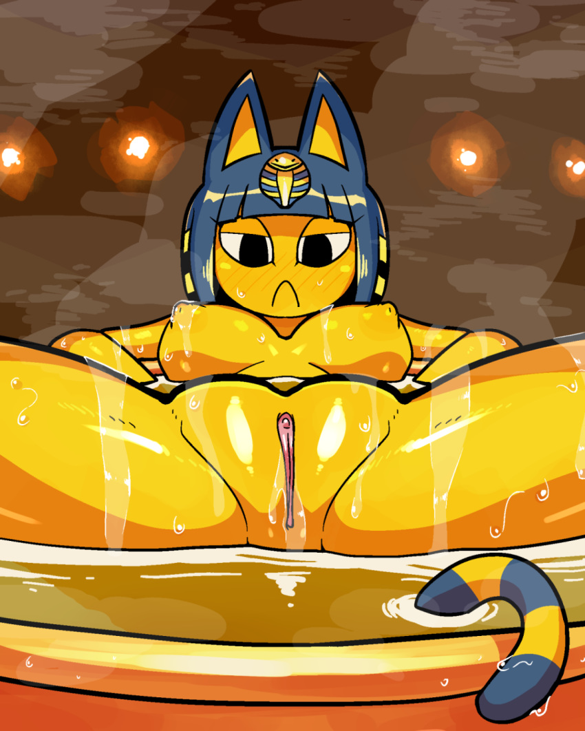 1girls alternate_breast_size animal_crossing animal_ears ankha anthro ass bath big_breasts big_ear black_eyes blue_fur blush breasts cat_ears cat_girl cave crap-man egyptian eye_contact felid feline feline_humanoid felis female female_only fur furry furry_only half-closed_eyes hi_res looking_at_viewer naked nintendo nude pleasure_without_expression pussy spread_legs tail thick_thighs uncensored vagina wet wide_hips yellow_fur