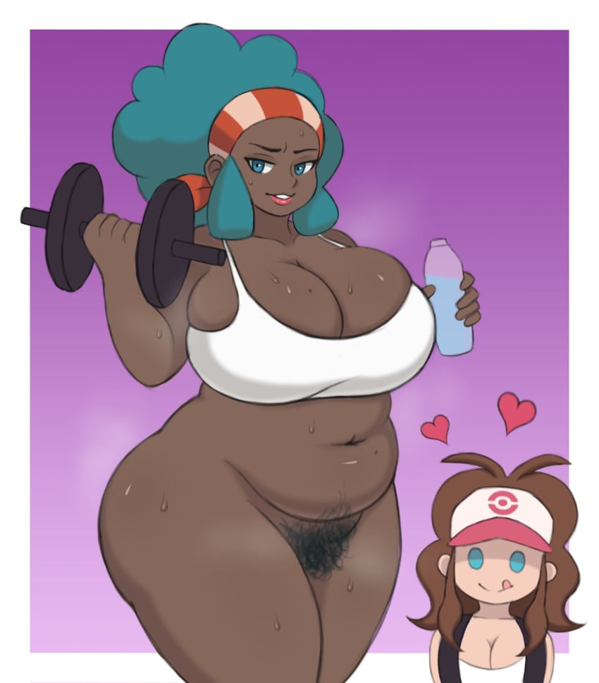 2girls afro alternate_breast_size bbw belly big_ass big_belly big_hair blue_eyes blue_hair bottom_lip bottomless breasts brown_hair brown_skin chubby citrus_doodles cleavage dark-skinned_female dark_skin exercise eye_contact female_only hairband hairy half-closed_eyes hat heart heavy_breathing hilda_(pokemon) hips huge_ass huge_breasts human human_only interracial large_breasts larger_female lenora_(pokemon) licking_lips lipstick long_hair looking_at_viewer love_handles mature_female mole multiple_girls musk nintendo nude plump pokemon pokemon_bw ponytail pubic_hair purple_background red_lipstick shirt sideboob size_difference smaller_female smell standing steam sweat tank_top thick_thighs venus_body vest white_border wide_hips yuri