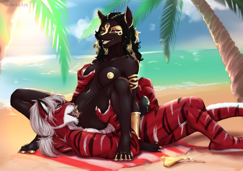 absurd_res anthro anubian_jackal asheraart beach breasts canid canine canis cunnilingus daysha_candice detailed_background duo egyptian felid feline female fur genitals gentlemanplayer gold_nipples hair hi_res jackal male mammal navel nipples nude oral outside pantherine penis pussy red_eyes sand seaside sex sky smile straight tiger tongue vaginal_penetration water yellow_nipples