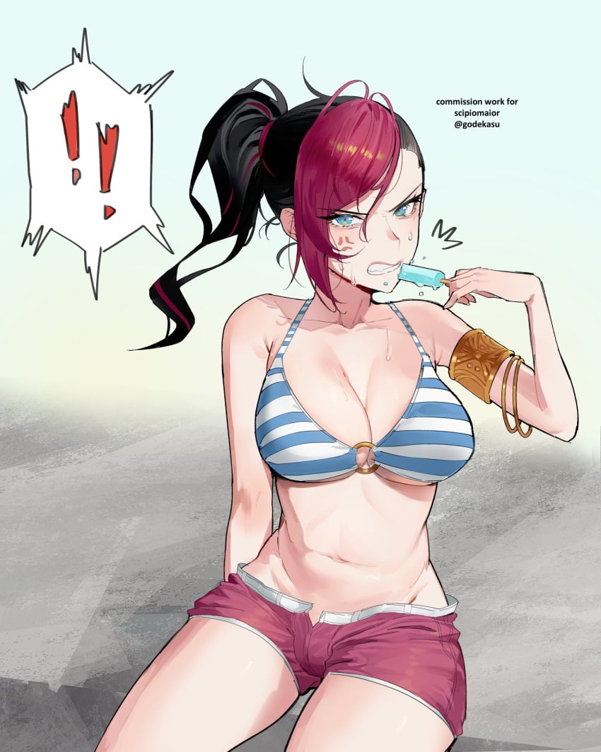 angry biting blue_eyes clothed fiora_laurent godekasu jewelry league_of_legends ponytail pool_party_fiora pool_party_series popsicle purple_hair sexually_suggestive spoken_exclamation_mark sweat swimming_trunks swimsuit two_tone_hair