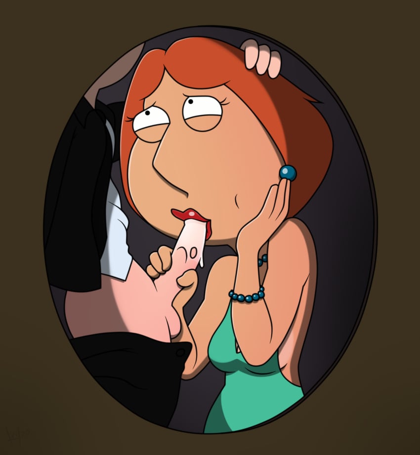 accurate_art_style badbrains blowjob dress ear_piercing family_guy female hand_on_head holding_penis lois_griffin looking_at_another looking_up male on_knees orange_hair pants_down penis pleasure_face red_lipstick short_hair standing sucking suit tagme unseen_male_face