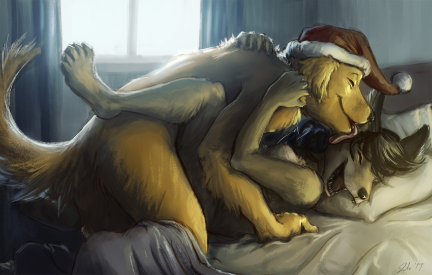 ambiguous_penetration anthro ass bed bird_dog breasts canid canine canis christmas closed_eyes clothing domestic_dog duo face_lick female female_penetrated fluffy fluffy_tail furniture golden_retriever happy happy_sex hat headgear headwear holidays hunting_dog inside jackal leg_wrap licking lying male male_penetrating male_penetrating_female mammal missionary_position nipples on_back on_bed open_mouth open_smile penetration pillow retriever santa_hat sex slate smile story story_in_description straight tasteful tongue tongue_out window