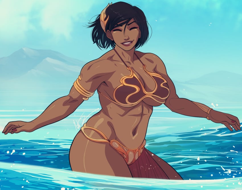 1girls 5_fingers armlet arms_out athletic athletic_female avatar_legends bangs bare_midriff beach biceps big_breasts bikini black_hair blue_sky breasts brown_skin busty cleavage closed_eyes clothed clothed_female clothes clothing cloud collarbone color colored cosplay crossover crossover_cosplay curvy dark-skinned_female dark_hair dark_skin day eyelashes eyeliner eyes_closed eyeshadow facing_viewer female female_focus female_only fingernails fit fit_female glistening_body glistening_skin gold_(metal) gold_jewelry groin hair hair_ornament happy happy_female hips hourglass_figure human human_only korra large_breasts legs lips lipstick makeup mountain mouth_hold muscular muscular_arms muscular_female nail_polish navel nickelodeon ocean open_mouth open_smile outdoors outside parted_lips partially_submerged playful playful_smile pose posing red_eyeshadow red_lips red_lipstick red_nails return_of_the_jedi revealing_clothes round_ears sea seaside short_hair signature simple_background sky slave_bikini slave_leia_(cosplay) smile smiling smiling_at_viewer smooth_skin solo standing star_wars swimsuit teeth the_avatar the_legend_of_korra thick thick_thighs thighs toned toned_female toned_stomach tongue triplexmile uncensored voluptuous voluptuous_female water water_tribe waves wide_hips