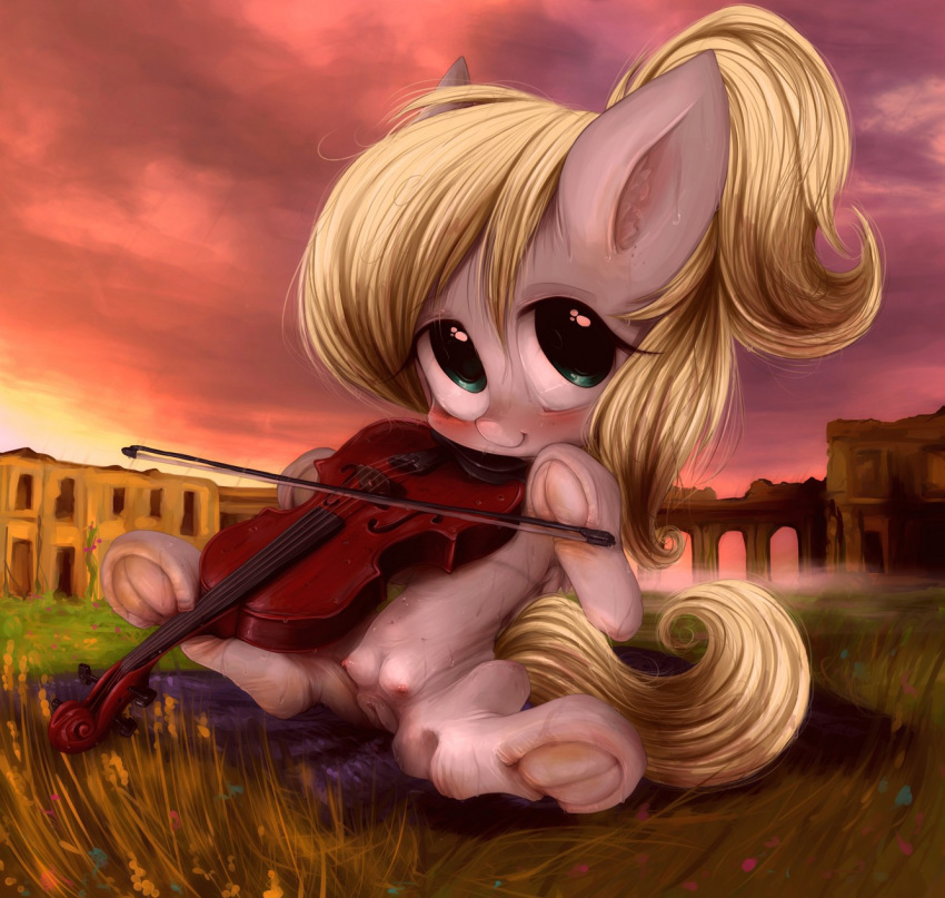 2020 blush bowed_string_instrument crotchboobs cub darkstylerz detailed_background equid equine fan_character female feral furry genitals grass hi_res hooves looking_at_viewer mammal musical_instrument my_little_pony outside pussy smile solo spread_legs spreading string_instrument underhoof violin young