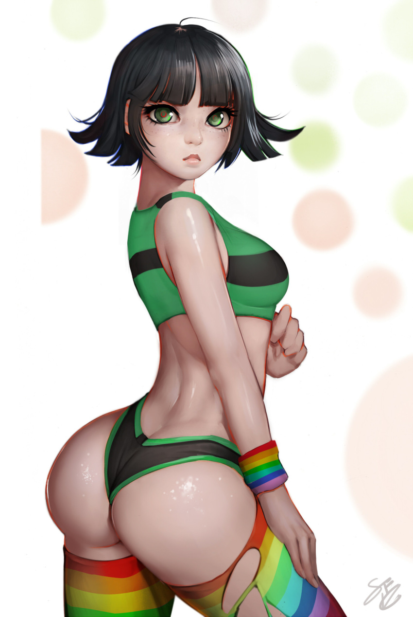 1girls aged_up arched_back ass ass_focus black_hair bob_cut buttercup_(powerpuff_girls) cartoon_network crop_top embarrassed freckles fusionfall green_clothing green_eyes large_ass looking_at_viewer pout powerpuff_girls rainbow_clothing rainbow_thigh_highs rainbow_thighhighs randy_(awesomevillage) randystarfru1t shiny_skin short_hair solo tan_skin thighhighs thong torn_clothes torn_thighhighs underwear wristband