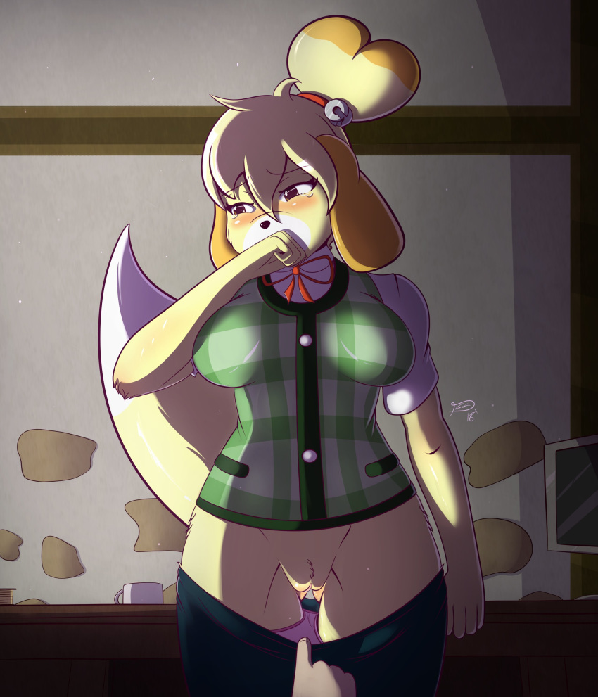 2018 absurd_res ambiguous_gender animal_crossing anthro bell blonde_hair blush bodily_fluids bottomless bottomwear breasts brown_eyes canid canine canis clothed clothing computer covering covering_mouth covering_own_mouth covering_self cup dated desk domestic_dog female first_person_view furniture genitals hair half-closed_eyes hi_res inside isabelle_(animal_crossing) jingle_bell looking_away looking_to_the_side mammal narrowed_eyes nintendo panties panties_down pussy shih_tzu shirt short_hair signature skirt skirt_pull solo solo_focus standing tears thepsychodog topknot topwear toy_dog underwear vest video_games