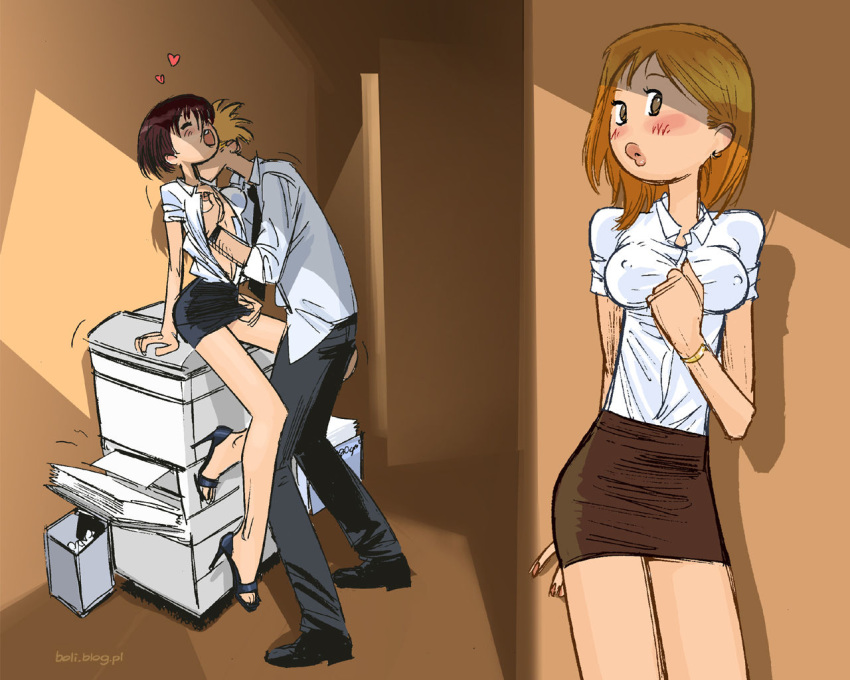 1boy 2girls au_(artist) black_hair blonde_hair blush boli-blog caught caught_in_the_act copy_machine cuckquean erect_nipples_under_clothes eye_contact heels holding_breast kissing_neck miniskirt multiple_girls nipple_bulge office office_lady office_sex public red_hair standing_sex unbuttoned_shirt voyeur watching