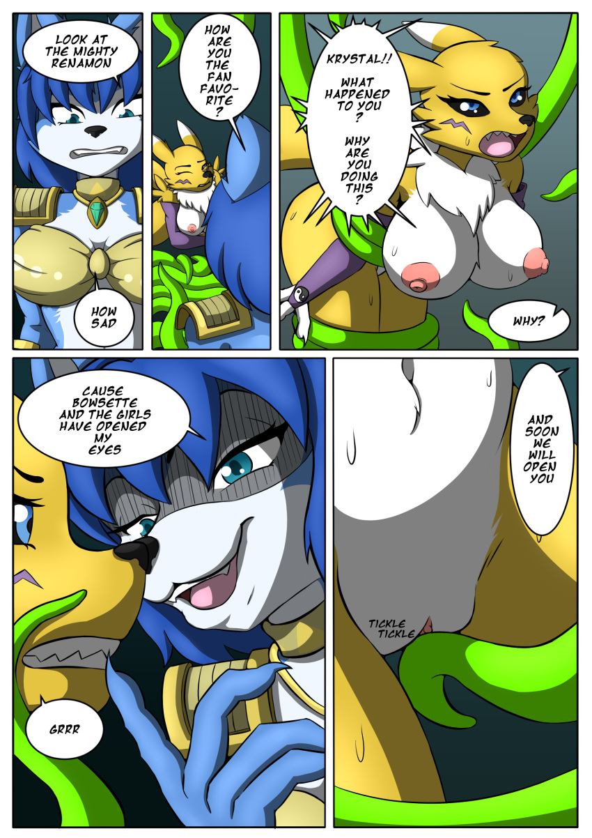 absurd_res anthro areola black_text blue_body blue_fur blue_hair breasts canid canine clothed clothing comic crimellgrim digimon digimon_(species) english_text female fox fur genitals green_tentacles hair hi_res joykill krystal mammal nintendo nipples open_mouth pussy renamon star_fox teeth tentacle text tongue video_games white_body white_fur yellow_body yellow_fur