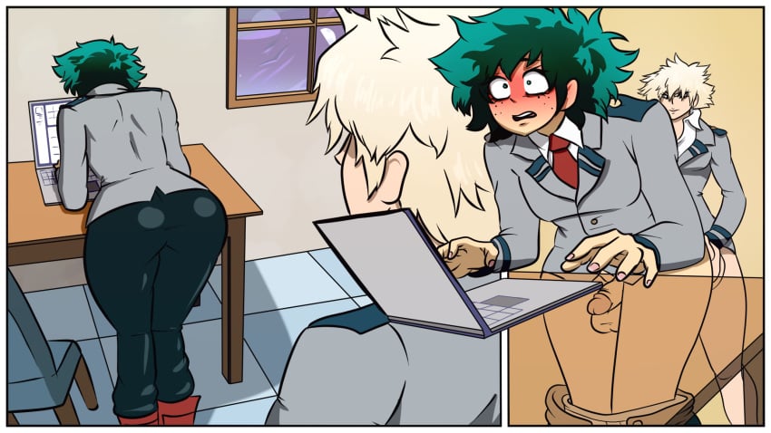 2boys anal anal_sex bent_over big_ass blonde_hair blush clothed clothing fanon_couple freckles from_behind gay green_eyes green_hair hand_on_ass izuku_midoriya katsuki_bakugou laptop male_only my_hero_academia pants pants_down school_uniform short_hair small_penis student surprised thick_thighs thighs wolf_glade yaoi