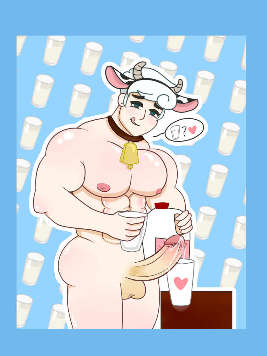 1boy abs balls bara big_breasts big_pecs big_penis blue_background blue_eyes blush blushing cookie_run cow_boy cow_ears cowbell dripping_cum erection glass holding_glass holding_object huge_pecs human human_only licking_lips light-skinned_male light_skin looking_at_viewer maddammmx male male_focus male_only milk milk_bottle milk_cookie muscle muscles muscular muscular_male pecs pectorals penis pink_nipples shiny_skin six_pack smile solo solo_focus solo_male standing thong white_hair white_skin