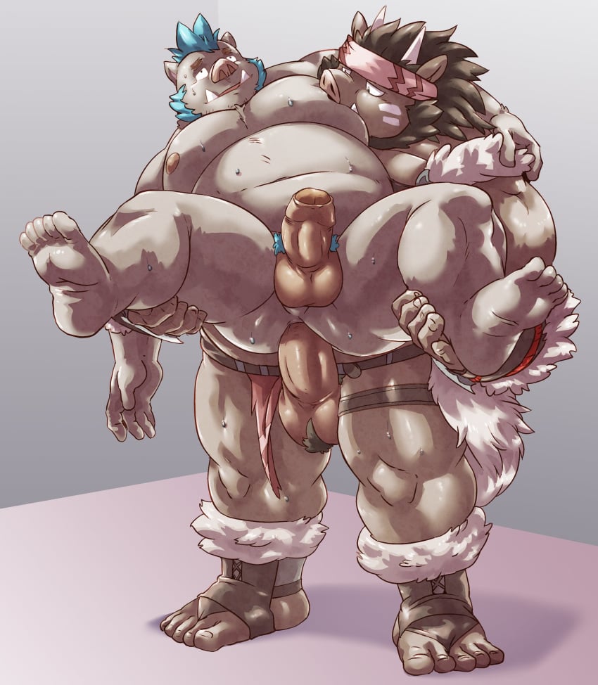 2020 anal anthro balls belialdorz belly brown_body brown_fur duo erection fur genitals gouryou hi_res male male/male male_only mammal markwulfgar moobs nipples overweight overweight_male penis sex suid suina sus_(pig) tokyo_afterschool_summoners video_games wild_boar