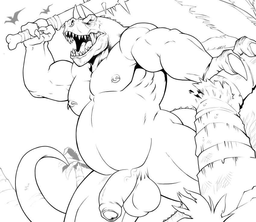 2020 abelisaurid absurd_res anthro badcoyote balls bat_(object) black_and_white carnotaurus claws digital_media_(artwork) dinosaur facial_piercing genitals glans hi_res holding_object holding_weapon horn humanoid_genitalia humanoid_penis male male_only monochrome musclegut muscular muscular_male nailed_bat nipple_piercing nipples nose_piercing nude open_mouth outside palm_tree pecs penis piercing pterosaur reptile scalie sharp_teeth simple_background solo spikes teeth theropod tree uncut vein weapon white_background