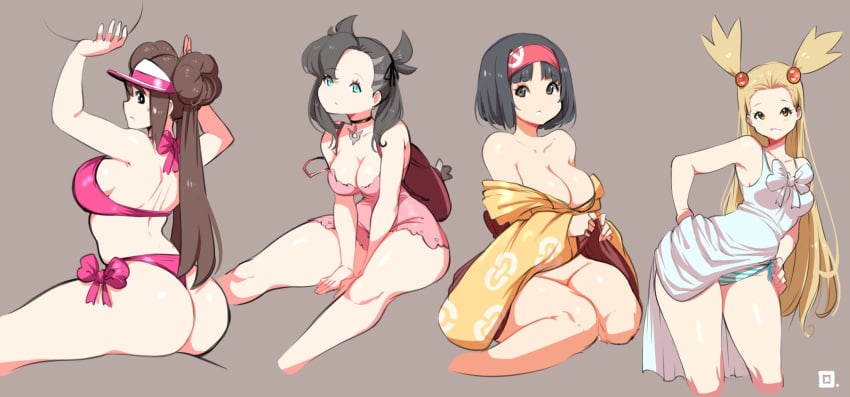 00s 2010s 4girls alternate_breast_size alternate_outfit ass back breasts brown_hair dress erika_(pokemon) female female_only gym_leader hat human human_only jasmine_(pokemon) jasmine_(pokemon_gsc) kenron_toqueen kimono large_breasts long_hair marnie_(pokemon) multiple_girls nintendo nipples pale-skinned_female pale_skin pokemon pokemon_bw pokemon_bw2 pokemon_gsc pokemon_hgss pokemon_ss quartet rosa_(pokemon) sideboob thick_thighs twintails visor_cap wide_hips