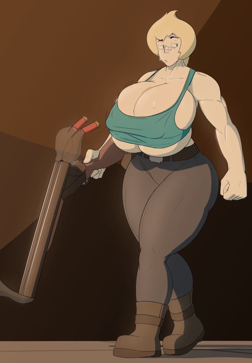 1girls 2017 5h4m3l355 alternate_breast_size alternate_outfit big_breasts blue_tank_top boots breasts cartoon_network cleavage cleavage_cutout double-barreled_shotgun erect_nipples erect_nipples_under_clothes gun half-closed_eyes holding_weapon huge_breasts looking_to_the_side muscular muscular_female pants shotgun shotgun_shell steven_universe sweatdrop tank_top tight_clothing tight_fit vidalia_(steven_universe) weapon