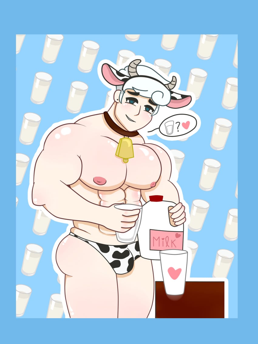 1boy abs bara big_breasts big_pecs blue_background blue_eyes blush boy_cow bulge cookie_run cow_boy cow_ears cowbell glass holding_glass holding_object huge_pecs human human_only light-skinned_male light_skin looking_at_viewer maddammmx male male_focus male_only milk milk_bottle milk_cookie muscle muscles muscular muscular_male pecs pectorals pink_nipples shiny_skin six_pack smile solo solo_focus solo_male standing thong underwear underwear_only white_hair white_skin