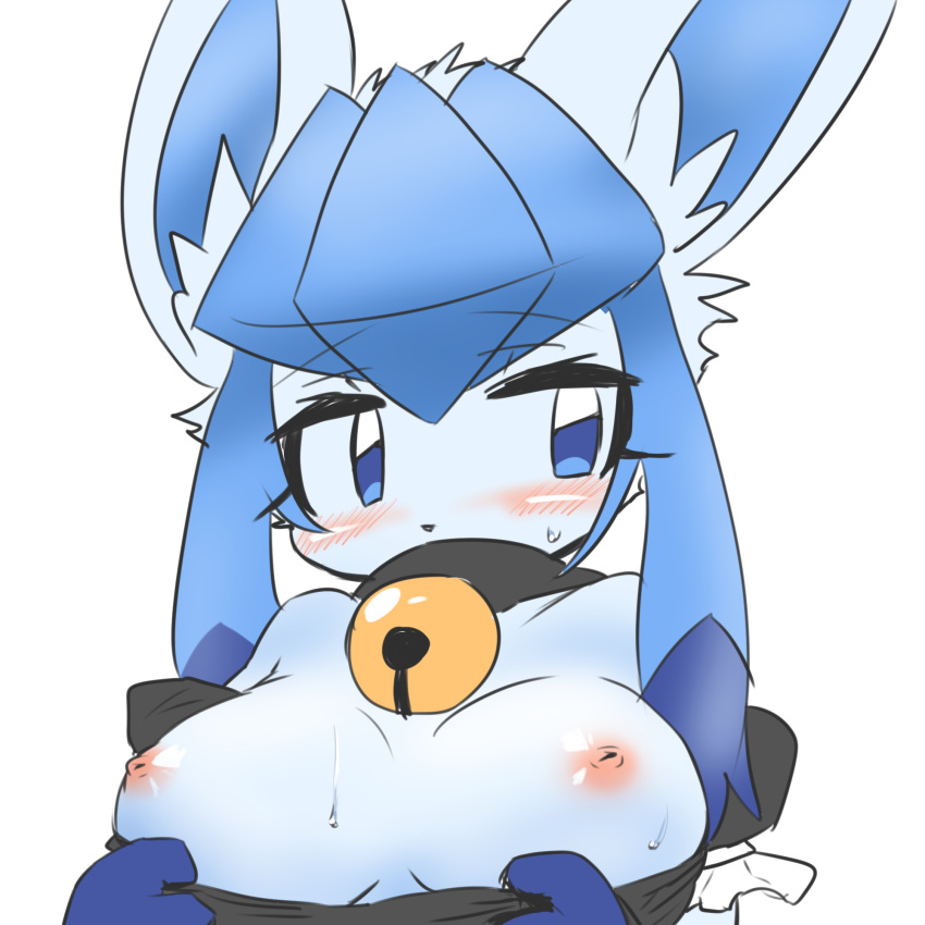 1girls animal_ear_fluff animal_nose anthro anthrofied bell blue_eyes blue_fur blue_hair blush breasts breasts_out canine eeveelution embarrassed female furry generation_4_pokemon glaceon highres looking_to_the_side medium_breasts nintendo nipples opurimasin pokemon pokemon_(species) pokemon_dppt puffy_short_sleeves puffy_sleeves short_sleeves simple_background solo sweat upper_body