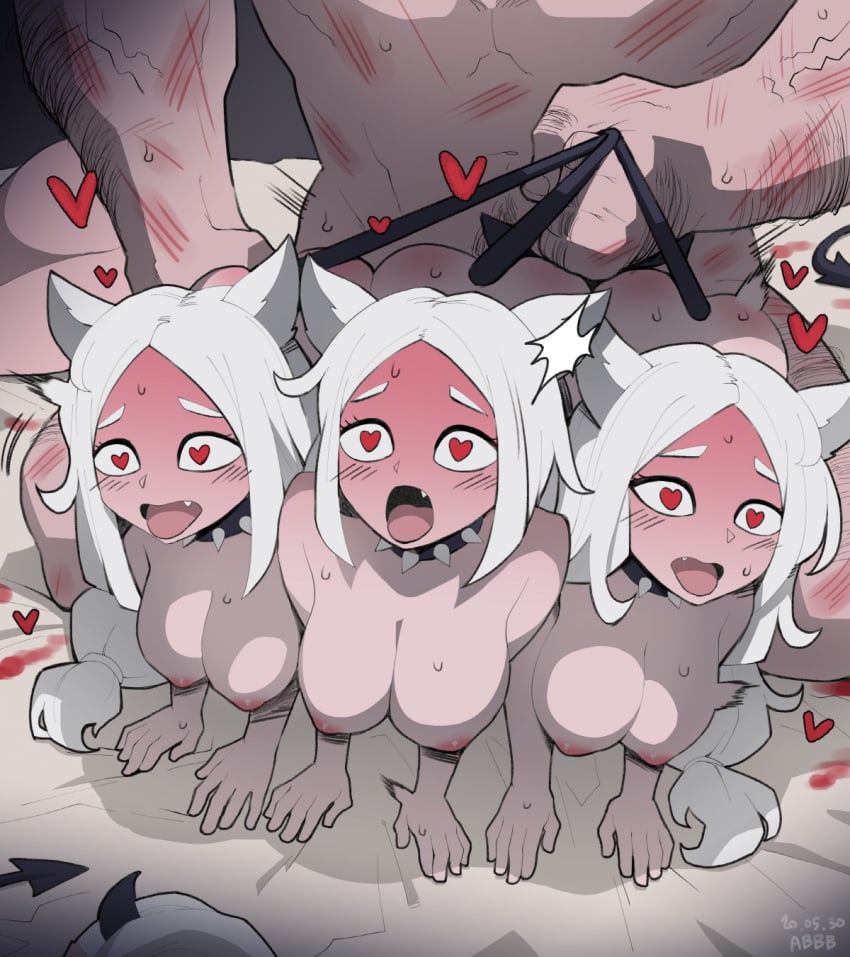 1boy 4girls abbb ahe_gao animal_ears ass black_horns black_tail blush cerberus_(helltaker) choker demon_horns demon_tail dog_ears dog_girl doggy_style full-face_blush group_sex harem heart heart_eyes helltaker helltaker_(character) highres horns korean_commentary multiple_girls nude oerba_yun_fang open_mouth out_of_frame pimp scar sex spiked_choker spikes straight_hair sweat tail tail_grab tongue tongue_out triplets