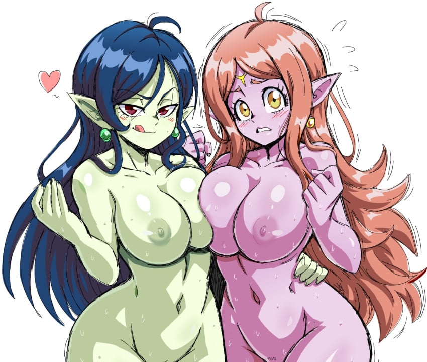 2girls alternate_breast_size blue_hair blush breast_press breasts busty chronoa circlet cleavage commission commissioner_upload core_person demoness dragon_ball dragon_ball_heroes earrings female_only goddess green_nipples green_skin hand_on_hip jewelry large_breasts lewdamone licking_lips light_brown_hair long_hair looking_at_viewer multiple_girls nipples no_bra no_panties pink_skin pointy_ears potara_earrings red_eyes robelu_(dragon_ball) smile super_dragon_ball_heroes supreme_kai supreme_kai_of_time thick_thighs thighs time_power_unleashed_form_(dragon_ball) tongue tongue_out voluptuous yellow_eyes yuri