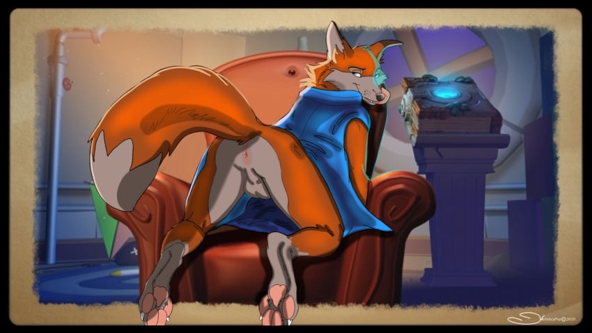 anthro anus ass balls blue_clothing bottomless canid canine character_request claws clothed clothing fox fur genitals hi_res holidaypup male male_only mammal orange_body orange_ears orange_fur orange_tail pawpads solo toe_claws tongue tongue_out