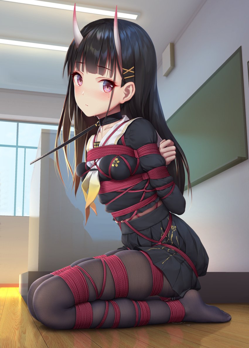 arms_behind_back azur_lane bangs black_cardigan black_collar black_hair black_legwear black_serafuku black_shirt black_skirt blunt_bangs blush bondage bound bound_ankles bound_arms bound_legs bound_wrists breast_bondage chalkboard classroom closed_mouth collar eyebrows_visible_through_hair fanbox_reward feet female hair_ornament hairclip highres hime_cut horns indoors leash leash_and_collar long_hair long_sleeves neckerchief no_shoes noshiro_(azur_lane) oni_horns paid_reward pantyhose pink_eyes pleated_skirt public red_rope restrained rope rope_bondage sailor_collar school school_uniform schoolgirl seiza serafuku shibari_over_clothes shirt sitting skirt solo_focus tears third-party_edit tied_up tokinohimitsu white_sailor_collar window x_hair_ornament