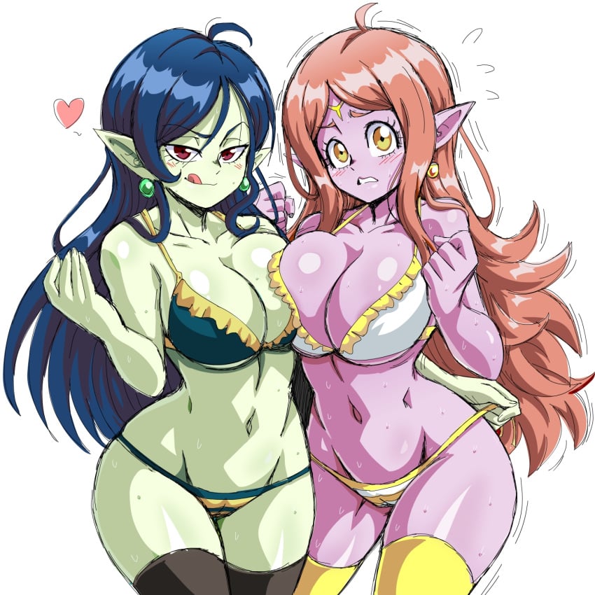 2girls alternate_breast_size blue_hair blush bra breast_press breasts chronoa circlet cleavage commission commissioner_upload core_person demoness dragon_ball dragon_ball_heroes earrings female_only goddess green_skin highres jewelry kaioshin kaioshin_of_time large_breasts lewdamone licking_lips light_brown_hair looking_at_viewer multiple_girls nipples panties panty_pull pink_skin pointy_ears potara_earrings red_eyes robelu_(dragon_ball) smile striped striped_panties super_dragon_ball_heroes supreme_kai supreme_kai_of_time thick_thighs thighs thin_waist time_power_unleashed_form_(dragon_ball) tongue tongue_out underwear voluptuous white_bra wide_hips yellow_eyes yuri