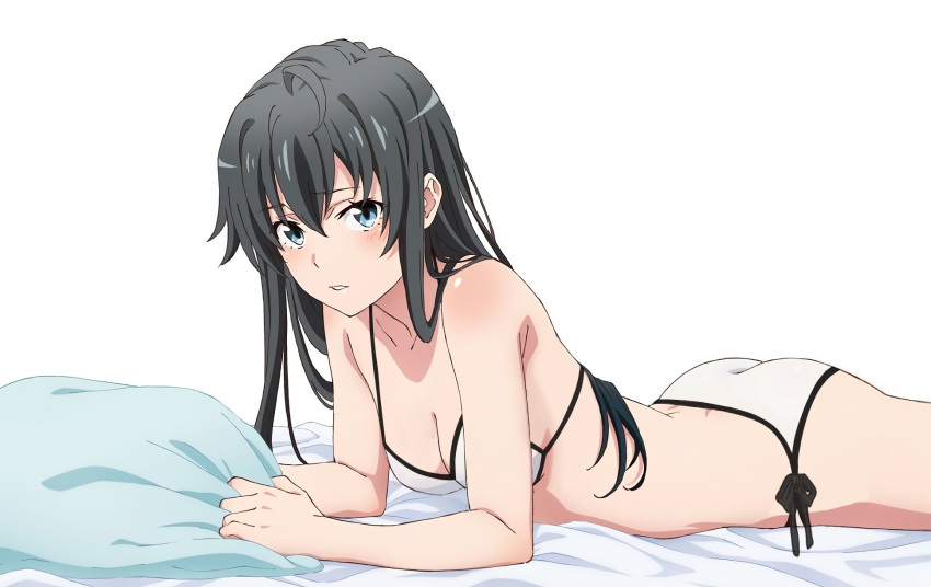 ahoge barefoot bikini black_hair blue_eyes blue_innertube blush breasts clavicle cleavage clothing exposed_shoulders eyebrows_visible_through_hair feet female front-tie_bikini front-tie_top hair_between_eyes high_resolution innertube long_hair looking_at_viewer my_teen_romantic_comedy_snafu shiny shiny_hair side-tie_bikini sitting small_breasts smile solo swimsuit tagme toenails toes water white_bikini white_swimsuit yukinoshita_yukino