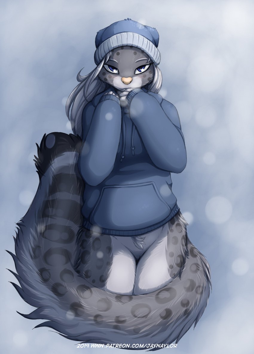 2019 alicia_(jay_naylor) anthro blue_eyes blush bottomless clothed clothing conditional_dnp felid female fluffy fluffy_tail fur furry furry_only grey_hair hair headwear hi_res hoodie jay_naylor looking_at_viewer mammal original_life_universe_(jay_naylor) pantherine partially_clothed pussy snow_leopard solo tagme tail text topwear url winter_hat