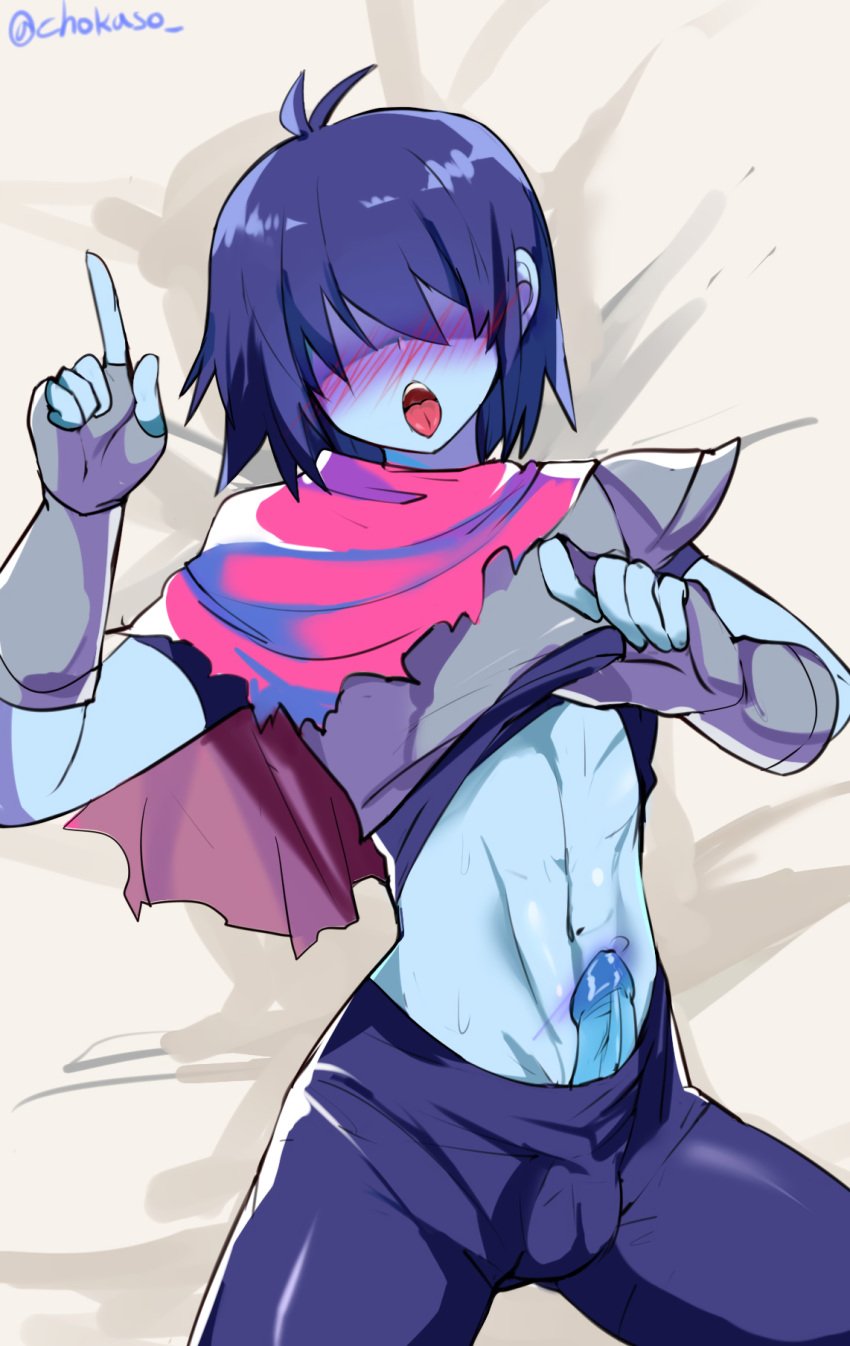 blue_skin chokaso deltarune femboy fingerless_gloves hair_over_eyes kris_(deltarune) male male_only midriff pulling_shirt