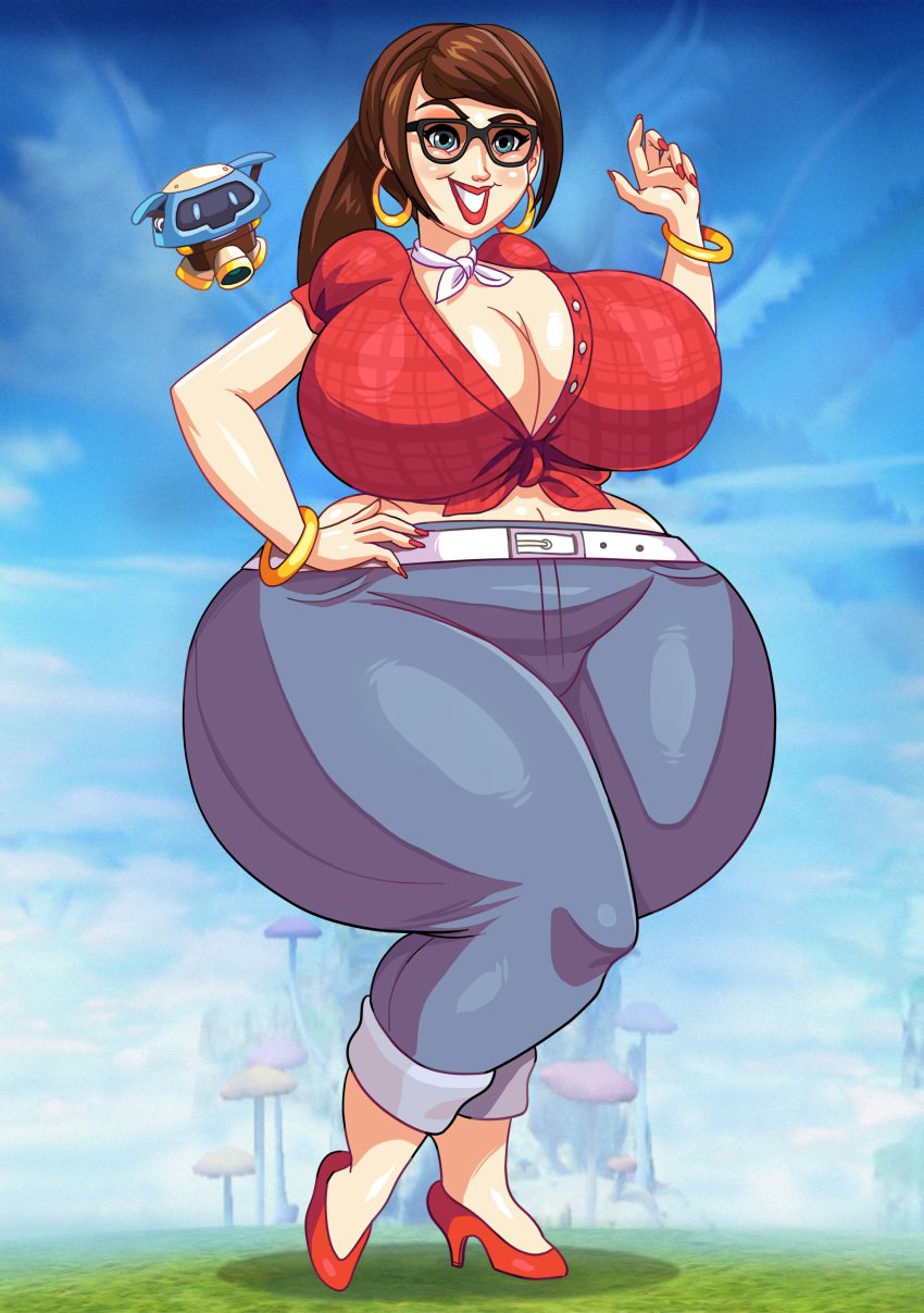 1girls adultart_(artist) big_breasts brown_hair curvy female female_only glasses high_heels huge_breasts human hyper_hips jewelry karen karen_(meme) karen_lisa_squirtna original_character overwatch painted_nails sky smiling snowball_(overwatch) solo solo_female voluptuous