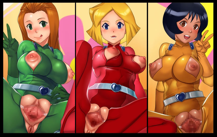 10hmugen 3girls alex_(totally_spies) anus areolae belt belt_buckle black_hair blonde_hair blue_eyes bodysuit breasts brown_eyes censored clothing clover_(totally_spies) crotch_cutout dark-skinned_female dark_skin emmaai exposed_breasts female female_only green_eyes group handwear heart-shaped_buckle heart_buckle human long_hair mosaic_censoring multiple_girls nipple_cutout nipples orange_hair pale_skin peace_sign pussy red_hair sam_(totally_spies) short_hair spread_legs spread_pussy take_your_pick totally_spies trio