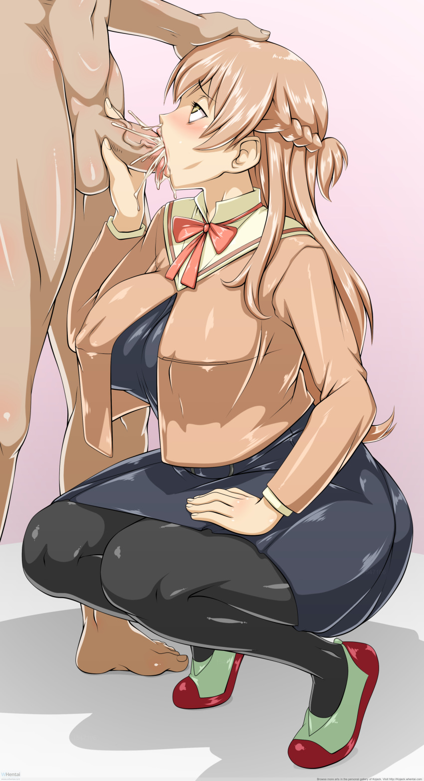 1boy 1girls big_breasts blonde_hair blowjob clothed_female_nude_male clothing cum cum_in_mouth cum_out_nose deep_blowjob fellatio female green_eyes kojack oral oral_sex orientation_play pantyhose saeki_sayaka school_uniform skirt squatting squatting_blowjob straight thick_thighs throat_bulge tongue_out uwabaki whentai yagate_kimi_ni_naru