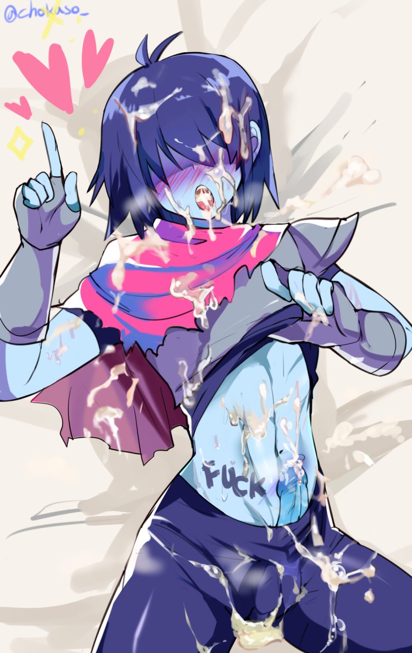 blue_skin chokaso cum_on_body deltarune femboy hair_over_eyes kris_(deltarune) male male_only midriff pulling_shirt writing_on_body writing_on_skin