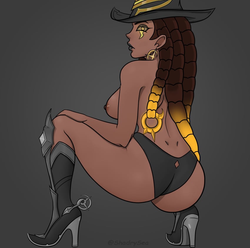 1girls areolae ass back black_high_heels black_panties breasts brown_hair brown_nipples brown_skin dark-skinned_female dark_skin earrings female hat high_heels high_noon_senna high_noon_series kneeling league_of_legends long_hair naked_boots naked_footwear nipples nude panties senna_(league_of_legends) shadrysea solo squatting topless yellow_eyes