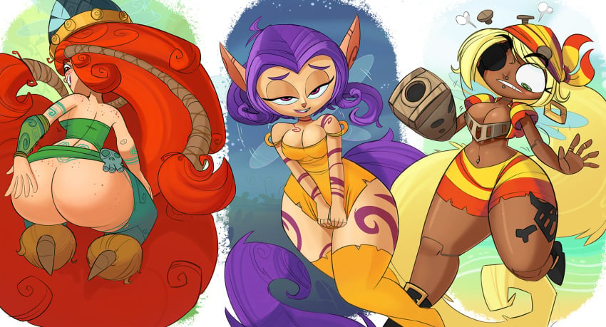 3girls ass barbara_(rayman) barbarian bedroom_eyes blonde_hair character_request clothed eye_patch female goooop headgear helmet human ly_(rayman) multiple_girls orange_hair pirate purple_hair rayman_(series) red_hair rule_63 seductive_look