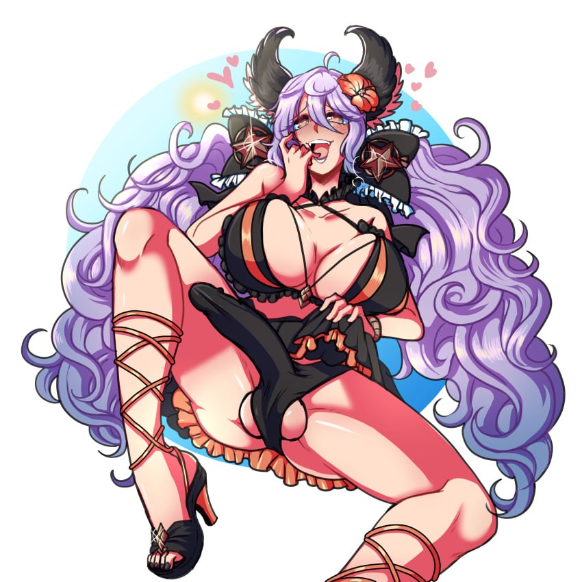 1futa big_balls big_breasts big_penis bikini black_swimsuit cute_fang dick flower_in_hair futanari granblue_fantasy heart heart-shaped_pupils high_heels huge_breasts lifting_skirt long_penis looking_pleasured low_twintails open_mouth open_smile penis_in_swimsuit penis_under_clothes pride-kun satyr_(granblue_fantasy) smile solo_futa stretched_clothing