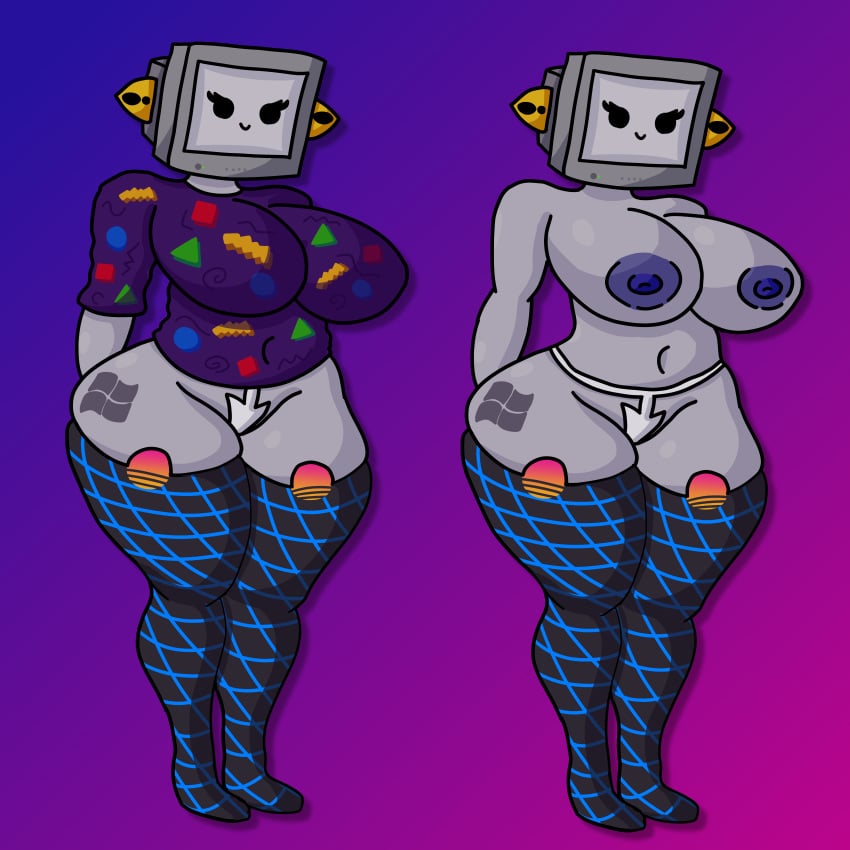 anthro atsuikēki computer computer_monitor sweater tattoo thick_ass thick_thighs thighhighs thong vaporwave