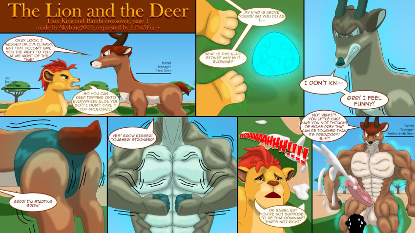 2020 anthro bambi_(character) bambi_(film) brief canine cervid comic cum deer dialogue disney feral furry gay glow growth kion lion male male_only muscle muscle_growth muscular muscular_male penis penis_growth semen skyblue2005 stone tail the_lion_guard the_lion_king transformation turquoise underwear undie what yaoi