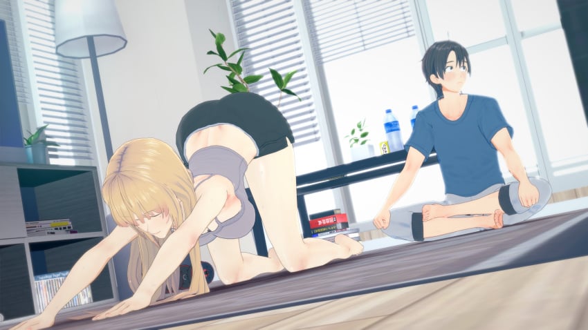 1boy 1boy1girl 1girls all_fours ass bellsrow big_breasts black_hair blonde_hair booty_shorts embarrassed koikatsu milf stretching tagme taller_girl tank_top toned yoga