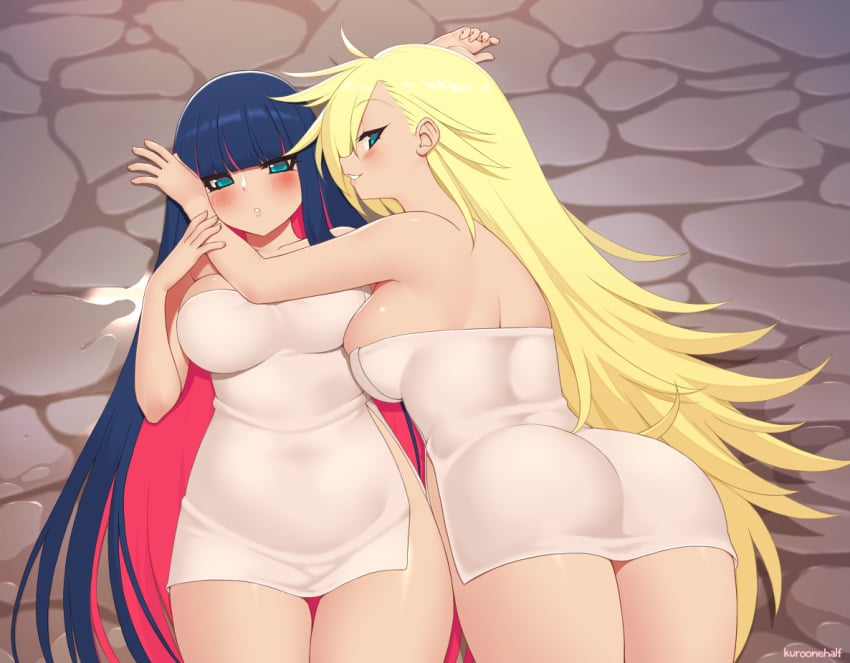 2girls ass big_ass big_breasts blonde_hair blue_eyes blue_hair blushing kuroonehalf long_hair pale-skinned_female pale_skin panty_&_stocking_with_garterbelt panty_anarchy sisters stocking_anarchy text thick_ass thick_thighs thighs two_tone_hair watermark wide_hips