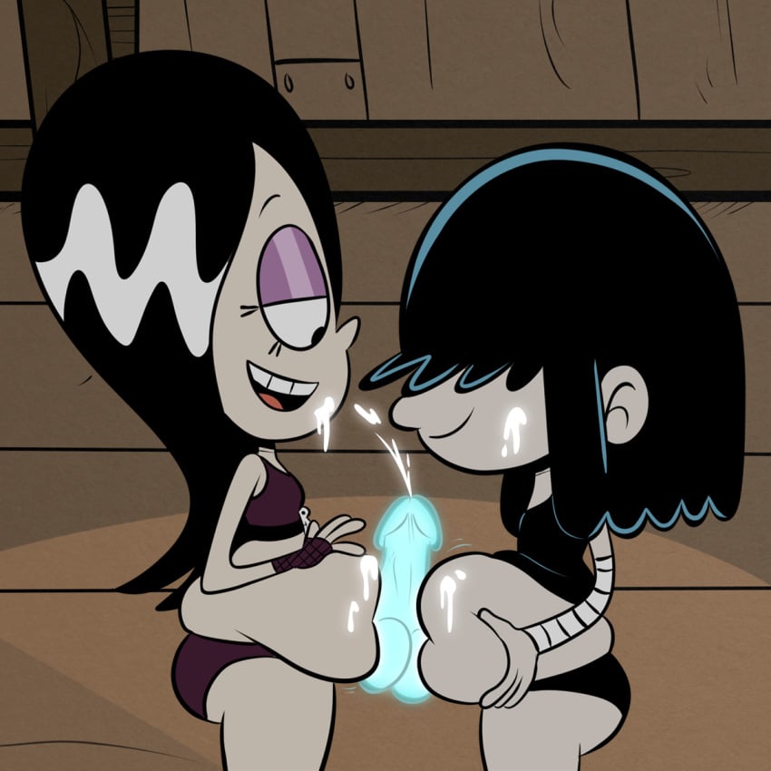 2girls belly belly_expansion bellyjob big_ass big_belly botezuri cum cum_on_belly cum_on_face disembodied_penis ghost ghost_penis goth goth_girl haiku_(the_loud_house) lucy_loud muffin_top nickelodeon panties penis scobionicle99 straight_hair the_loud_house thick_thighs underwear