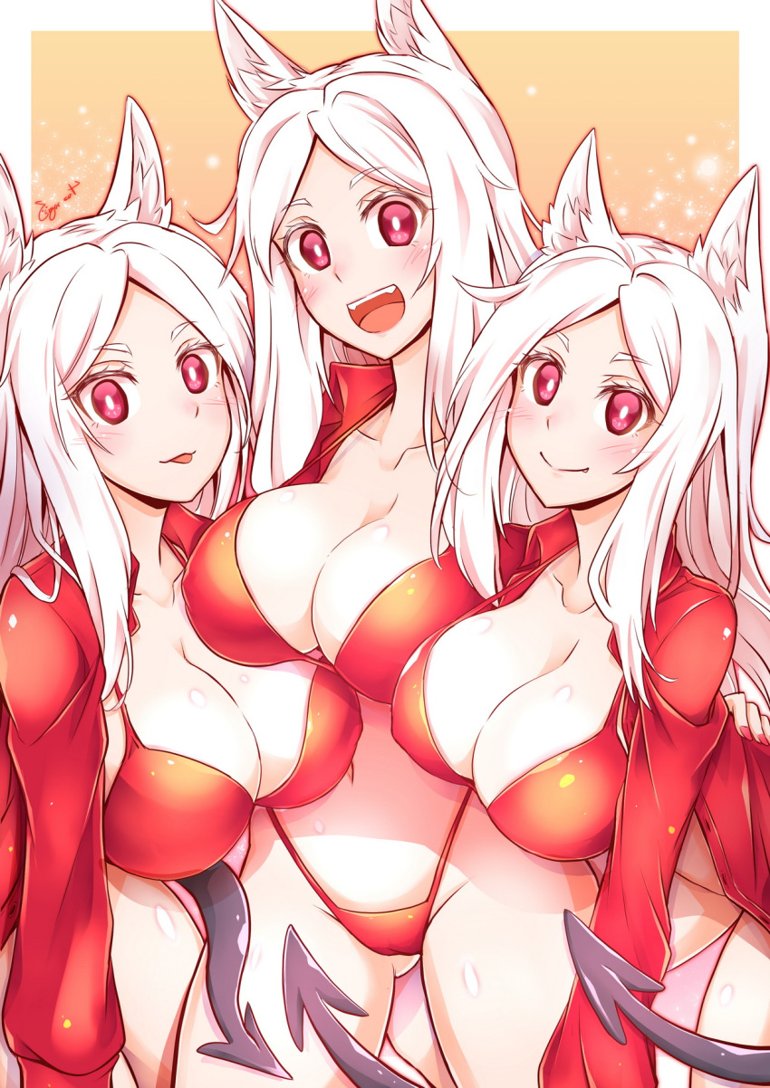 2020 3girls :p artist_name bent_over blush bra breasts cerberus_(helltaker) cigar_cat cleavage cute demon_girl demon_tail dog_ears dog_girl eyebrows_visible_through_hair fangs female female_only helltaker highres jacket large_breasts long_hair looking_at_viewer multiple_girls nipple_bulge open_jacket open_mouth red_bra red_eyes red_jacket red_thong signature standing tail teeth thick_thighs thighs thong tongue tongue_out underwear white_border white_hair