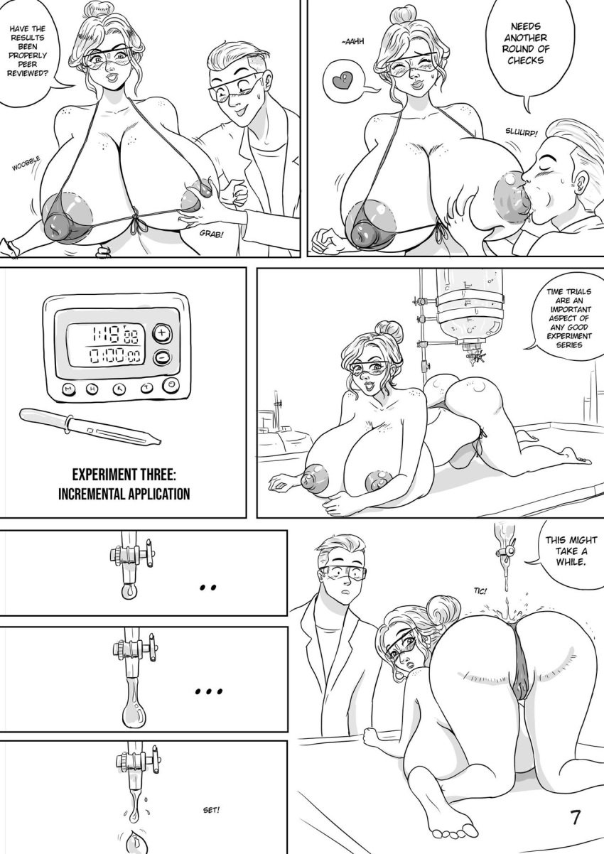 1boy 1girls ass ass_up breast_expansion breast_grab breast_sucking breasts comic female female_focus giantess just-add-water99 male science