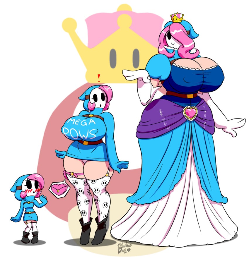 3girls ass_expansion blooberboy blue_hoodie breast_expansion breasts growth huge_ass huge_breasts mario_(series) mask new_super_mario_bros._u_deluxe nintendo nipple_bulge pink_hair princess shy_gal shyette super_crown super_mario_bros. thighhighs transformation upskirt wide_hips