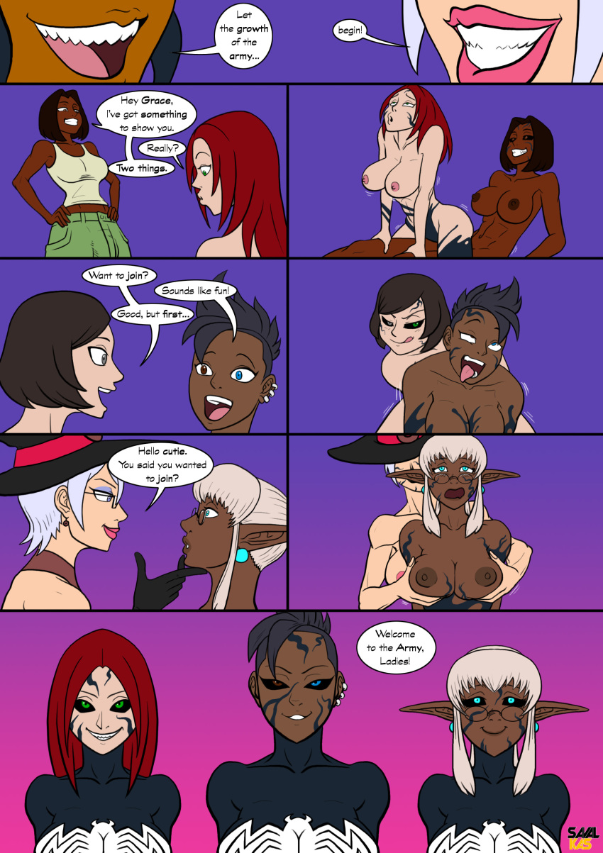 7girls abs alexandra_taye alien armpits black_sclera blonde_hair blue_eyes blue_hair breasts brown_eyes comic corruption dark-skinned_female dark_elf dark_skin diantha_jackson_(devinsaurus) donut_witch_(7starsoul) earrings elf female futanari grace_(myrmire) grey_eyes grin hat heterochromia human interspecies lauren_taylor light-skinned_female light_skin marvel masturbation meachii_(wolfknight) mei_li_(devinsaurus) muscular muscular_female mutual_masturbation nude original_character parasite parasitic_possession pointy_ears possession purple_background red_hair riding savalkas she-venom short_hair smile spider-man_(series) straight_hair symbiote teeth text transformation trembling tribadism veins venom_(marvel) watermark what white_hair yuri