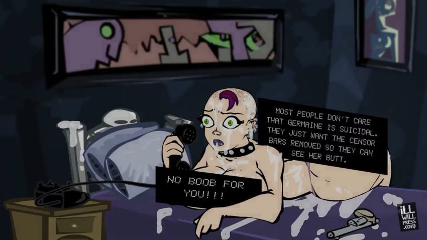 bed censored cum electronics female firearm germaine_endez goth gun handgun human humor meta neckwear neurotically_yours official_art pale_skin phone revolver screenshot tagme text weapon