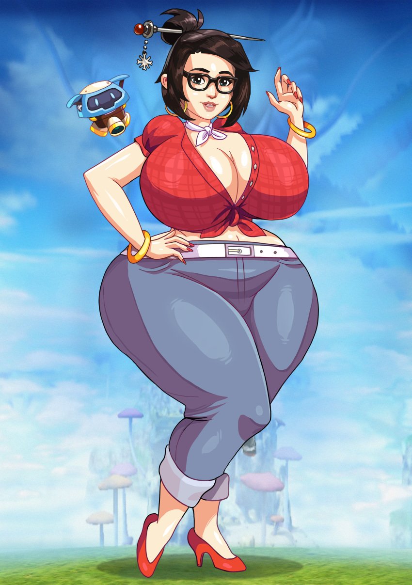 adultart_(artist) big_ass big_breasts brown_hair cruiser_mei female female_only fingernails glasses high_heels huge_breasts human jewelry mei_(overwatch) nail_polish overwatch red_nails robot smile smiling snowball_(overwatch) teal_eyes