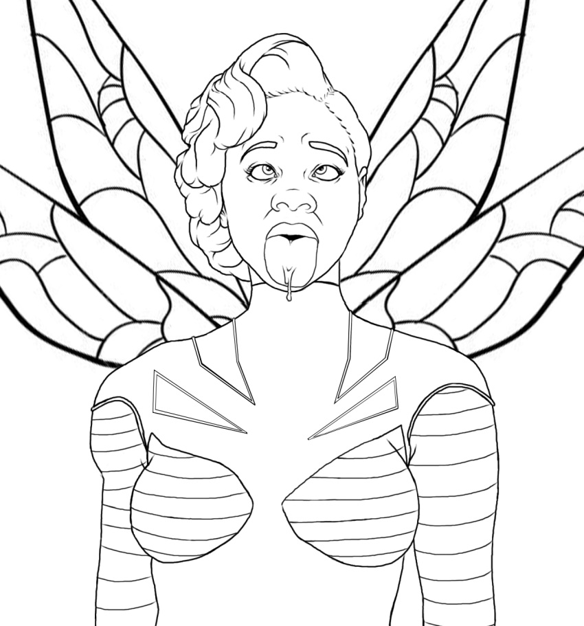 ahe_gao bumblebee_(dc) cross-eyed dc drooling karen_beecher line_art monochrome open_mouth saliva superheroine thewink tongue tongue_out wings