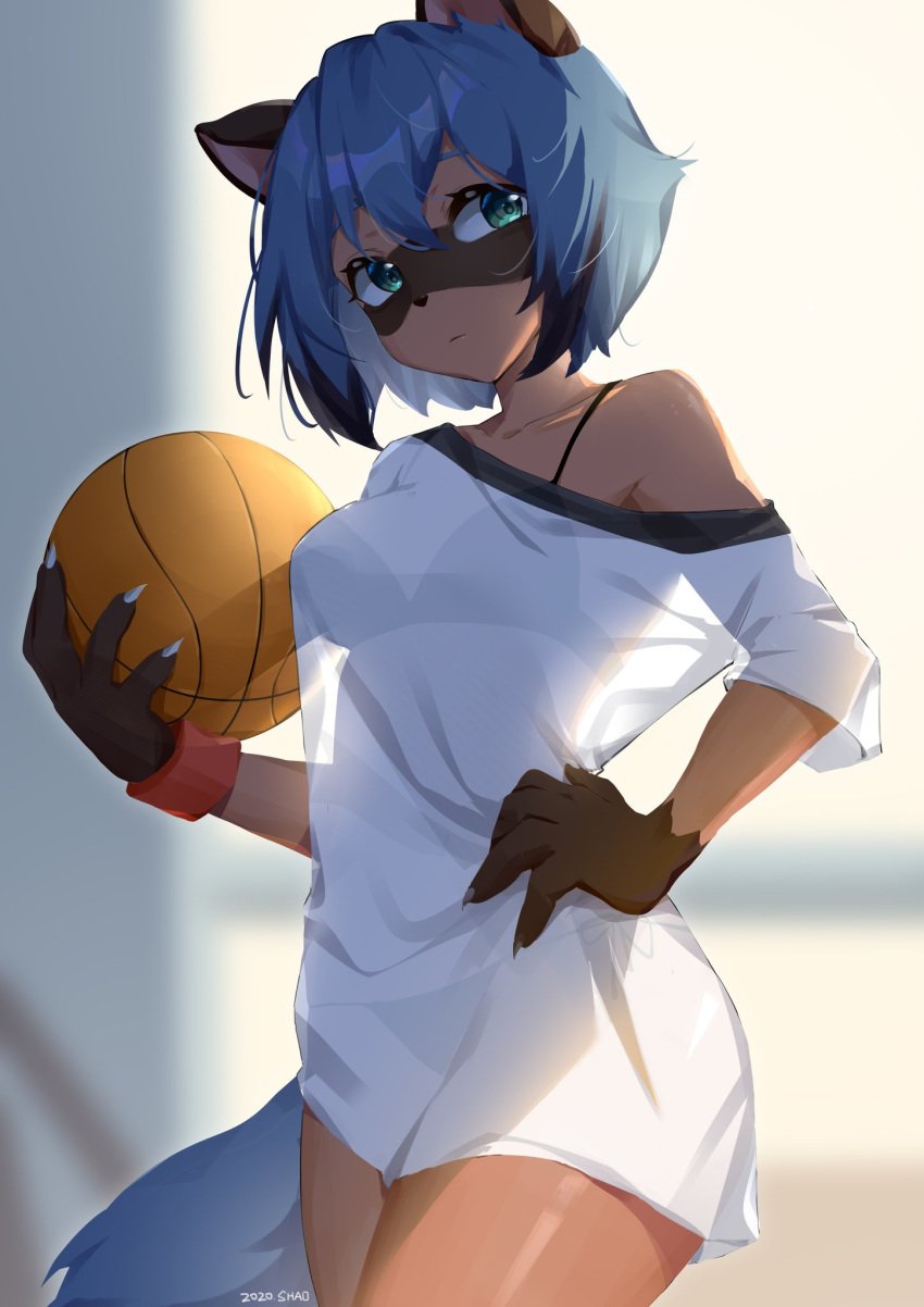 blue_hair bra brand_new_animal claws female_protagonist furry green_eyes michiru_kagemori panties see-through short_hair shoulders tail tanooki thick_thighs thighs