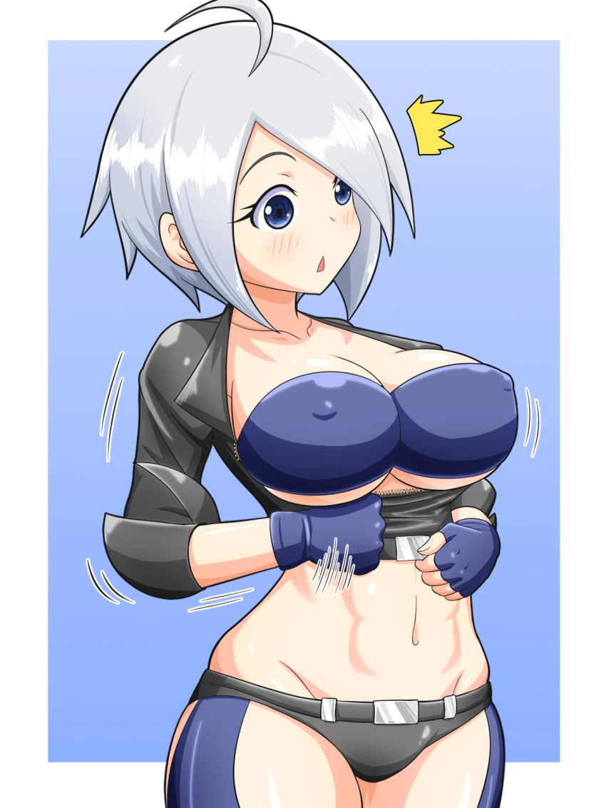 1girls angel_(kof) blue_eyes female female_only king_of_fighters large_breasts nipples_visible_through_clothing short_hair solo white_hair yensh